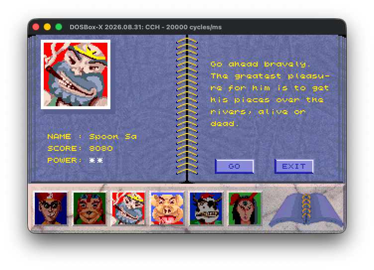 An open-book opponent-selection screen showing Spoon Sa, his portrait, biography, and strength rating
