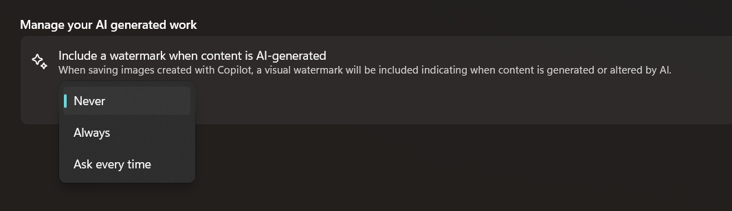 Paint offers Never, Always, and Ask every time choices for its visible AI watermark