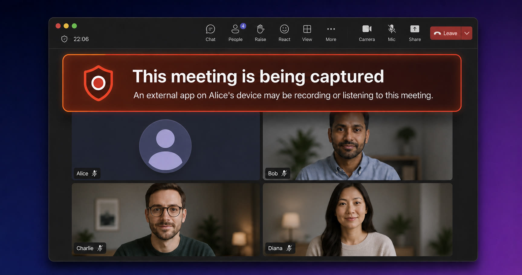 A Teams-style meeting window warning that an external app on Alice’s device may be recording or listening to the meeting
